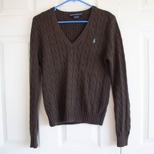 Ralph Lauren Sport Cable Knit Sweater V Neck Brown